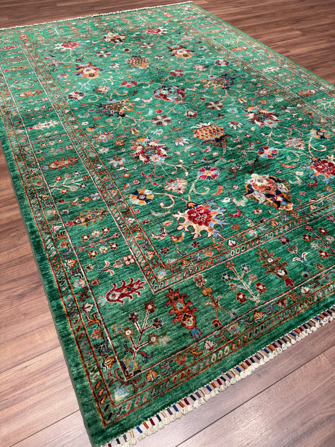 Sultani Binbirgece Orijinal El Dokuması Yeşil Kök Boya Yün Halı 202x295 5.96 Metrekare - 7x10 ft