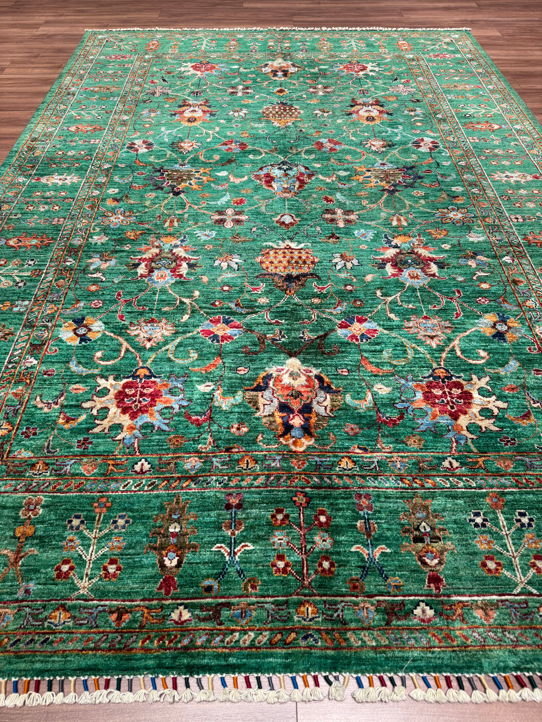 Sultani Binbirgece Orijinal El Dokuması Yeşil Kök Boya Yün Halı 202x295 5.96 Metrekare - 7x10 ft