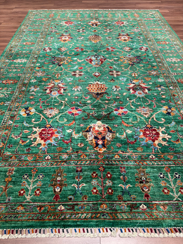 Sultani Binbirgece Orijinal El Dokuması Yeşil Kök Boya Yün Halı 202x295 5.96 Metrekare - 7x10 ft