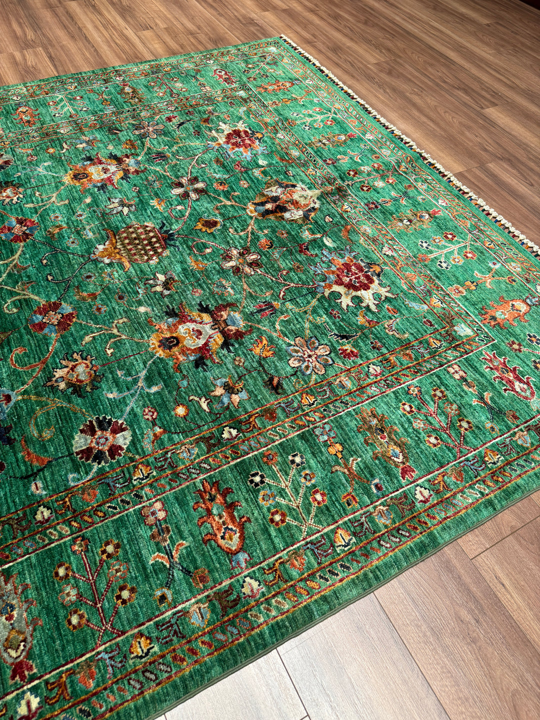 Sultani Binbirgece Orijinal El Dokuması Yeşil Kök Boya Yün Halı 202x295 5.96 Metrekare - 7x10 ft