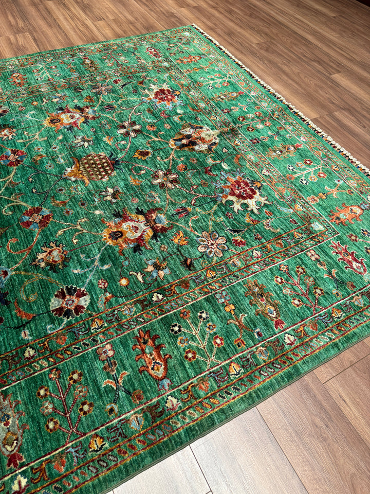 Sultani Binbirgece Orijinal El Dokuması Yeşil Kök Boya Yün Halı 202x295 5.96 Metrekare - 7x10 ft
