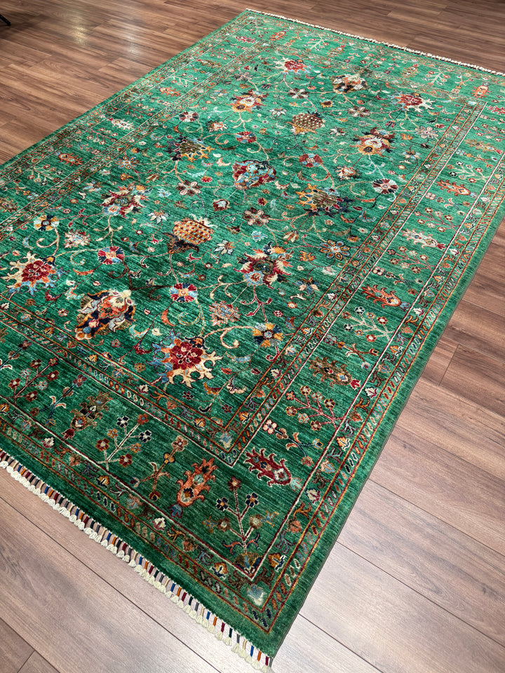 Sultani Binbirgece Orijinal El Dokuması Yeşil Kök Boya Yün Halı 202x295 5.96 Metrekare - 7x10 ft