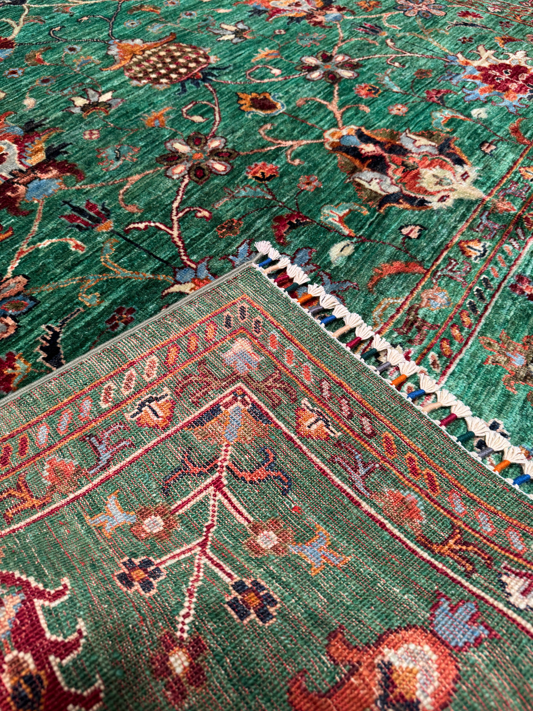 Sultani Binbirgece Orijinal El Dokuması Yeşil Kök Boya Yün Halı 202x295 5.96 Metrekare - 7x10 ft
