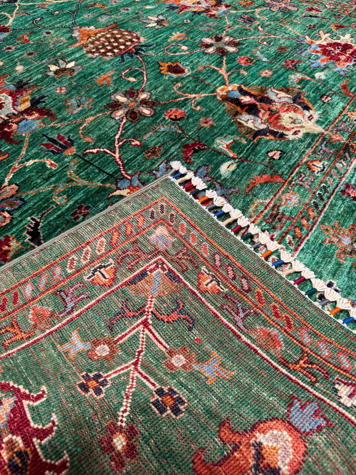 Sultani Binbirgece Orijinal El Dokuması Yeşil Kök Boya Yün Halı 202x295 5.96 Metrekare - 7x10 ft