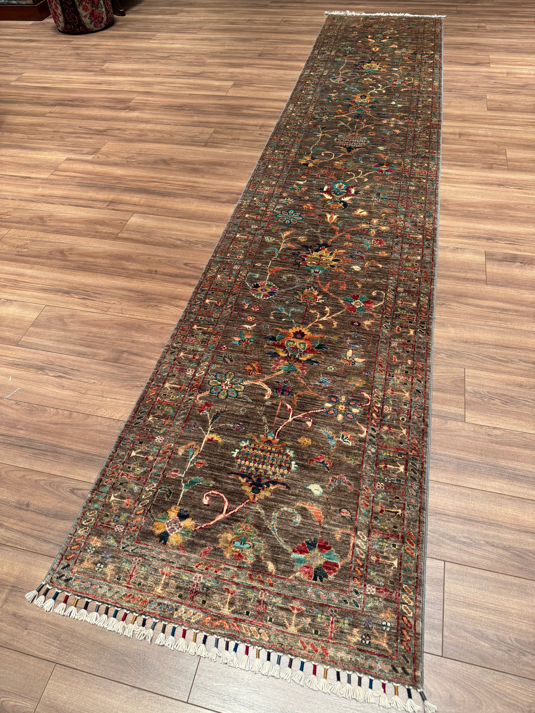 Sultani Binbirgece Yolluk Orijinal El Dokuması Kahverengi Kök Boya Yün Halı 0.80x398 3.18 Metrekare - 3x12 ft