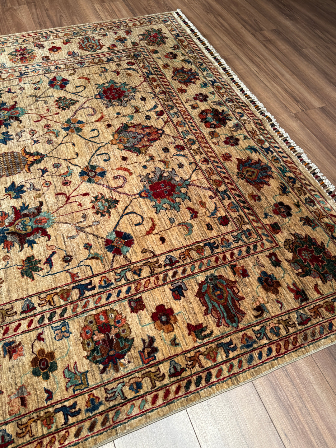 Sultani Binbirgece Orijinal El Dokuması Bej Kök Boya Yün Halı 207x300 6.21 Metrekare - 7x10 ft