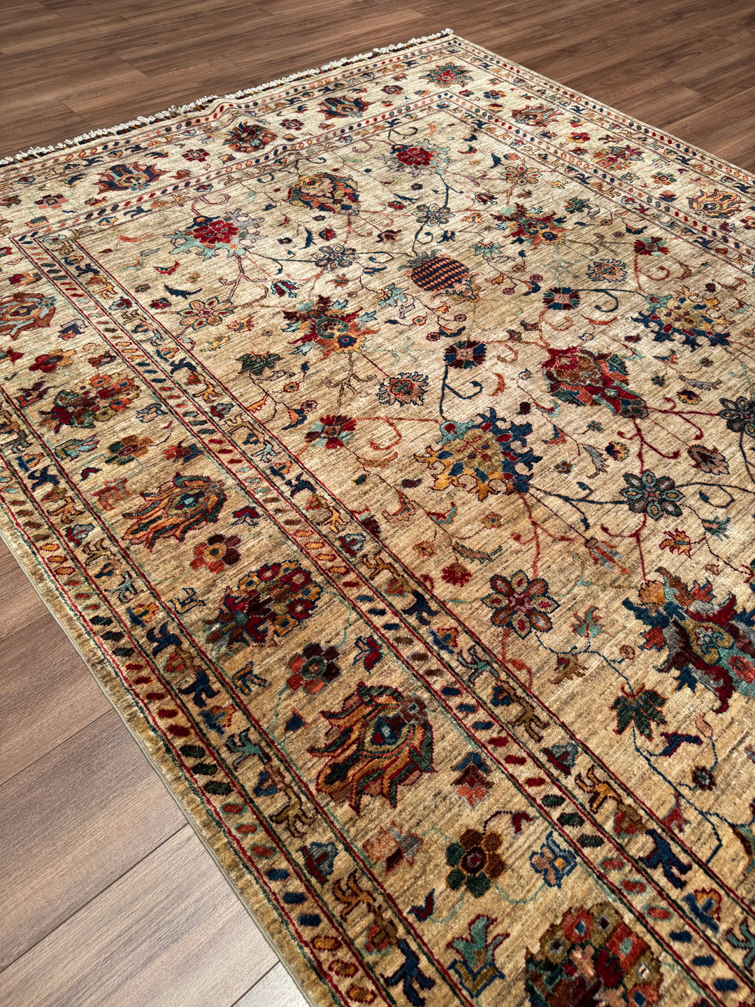 Sultani Binbirgece Orijinal El Dokuması Bej Kök Boya Yün Halı 207x300 6.21 Metrekare - 7x10 ft
