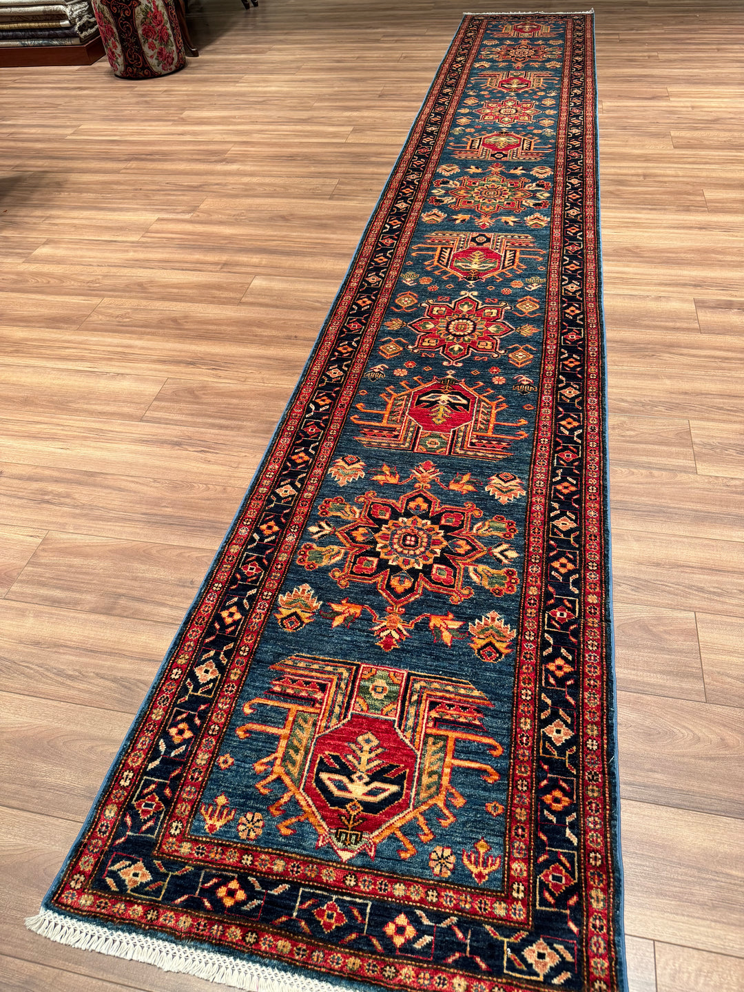 Şirvan Orijinal El Dokuması Yolluk Mavi Kök Boya Yün Halı 0.80x517 4.14 Metrekare - 3x17 ft