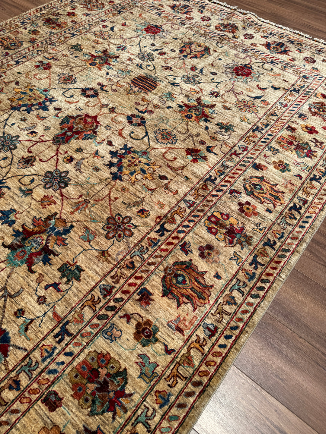 Sultani Binbirgece Orijinal El Dokuması Bej Kök Boya Yün Halı 207x300 6.21 Metrekare - 7x10 ft