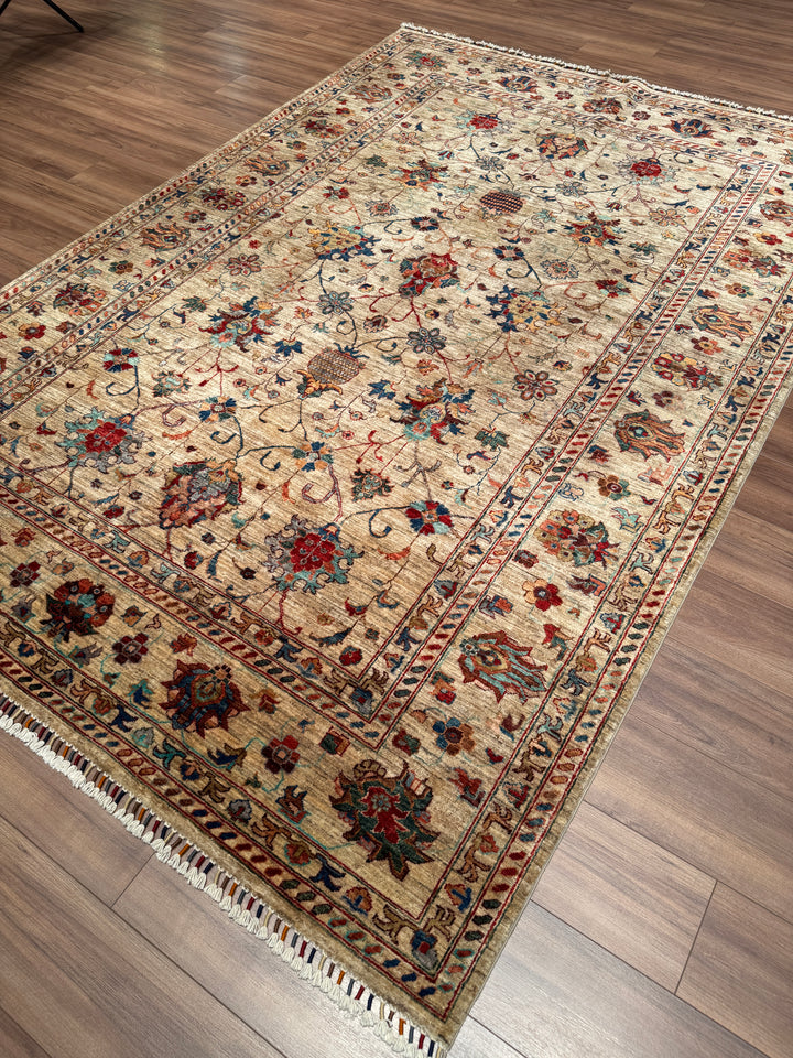 Sultani Binbirgece Orijinal El Dokuması Bej Kök Boya Yün Halı 207x300 6.21 Metrekare - 7x10 ft