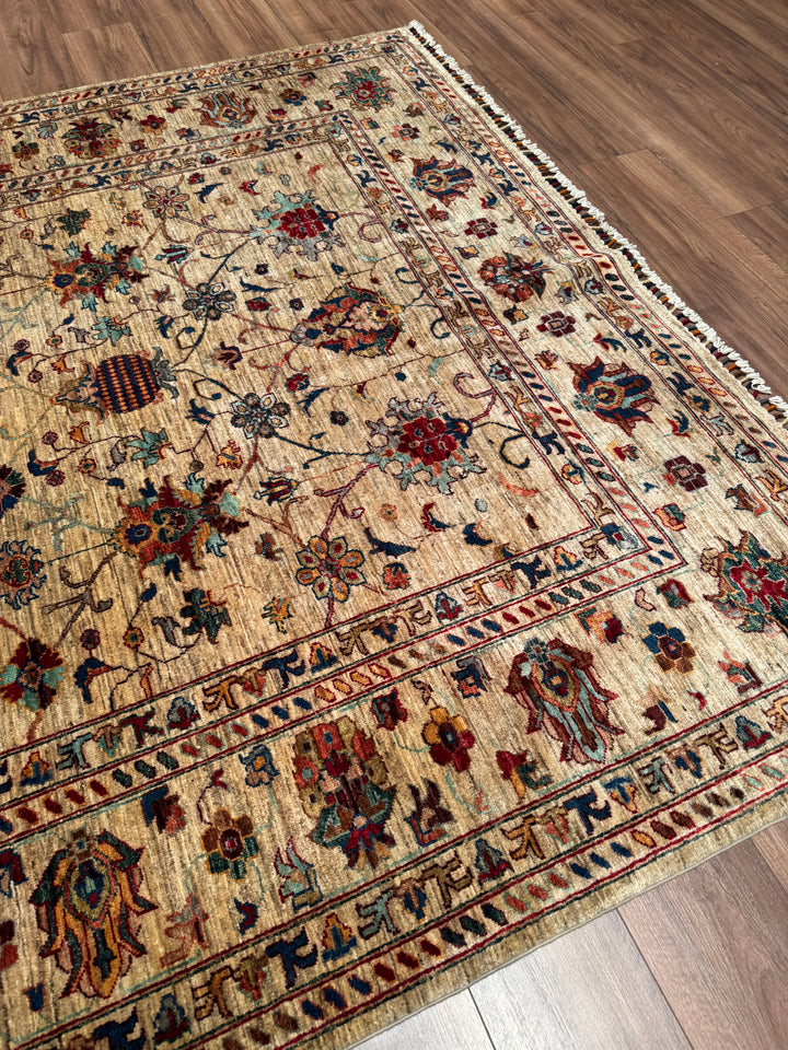 Sultani Binbirgece Orijinal El Dokuması Bej Kök Boya Yün Halı 207x300 6.21 Metrekare - 7x10 ft