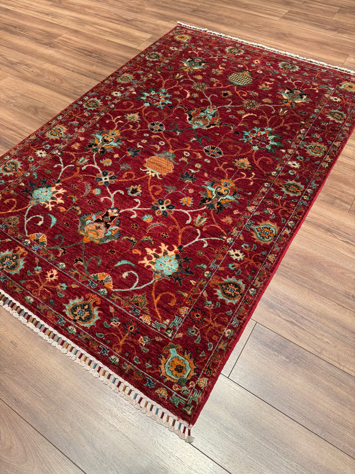 Sultani Binbirgece Orijinal El Dokuması Kırmızı Kök Boya Yün Halı 125x186 2.33 Metrekare - 4x6 ft