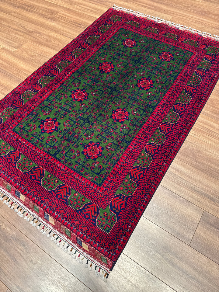 Afgan Halısı Yeşil Hamyap Orijinal El Dokuması Kök Boya Yün 119x179 2.13 Metrekare - 3x5 ft
