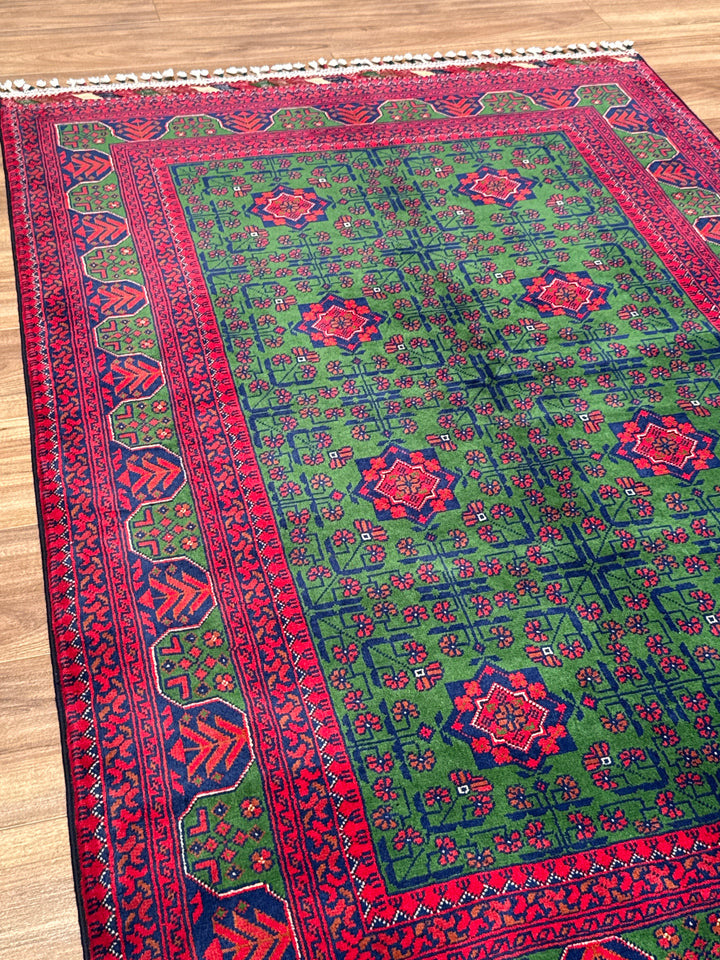 Afgan Halısı Yeşil Hamyap Orijinal El Dokuması Kök Boya Yün 119x179 2.13 Metrekare - 3x5 ft
