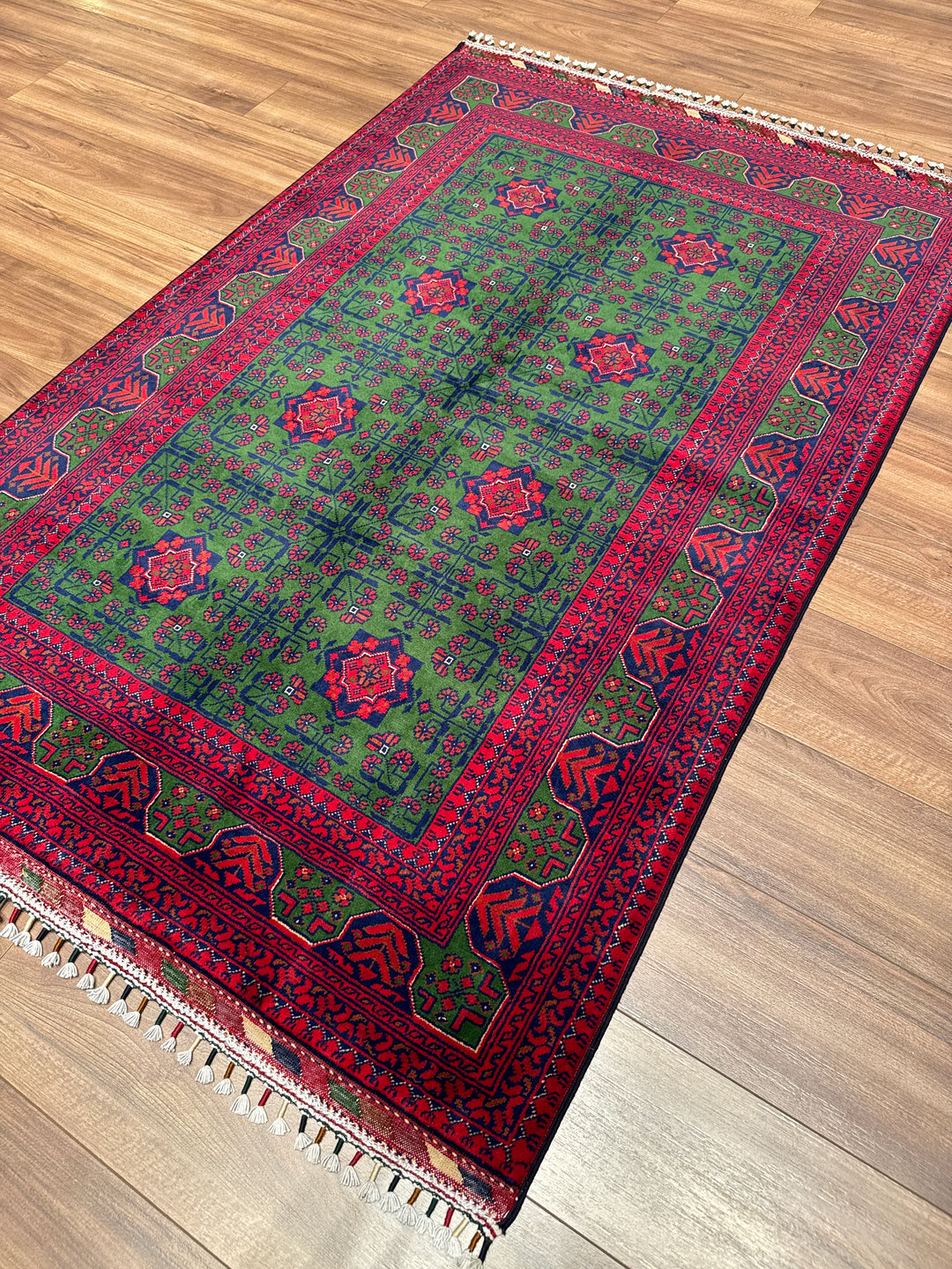 Afgan Halısı Yeşil Hamyap Orijinal El Dokuması Kök Boya Yün 119x179 2.13 Metrekare - 3x5 ft
