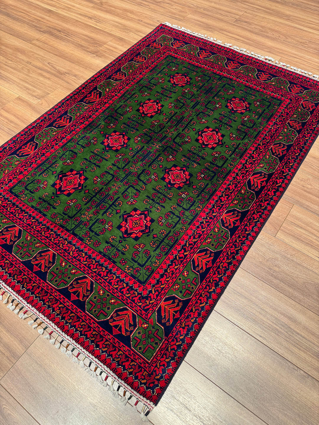Afgan Halısı Yeşil Hamyap Orijinal El Dokuması Kök Boya Yün 122x180 2.20 Metrekare - 3x5 ft