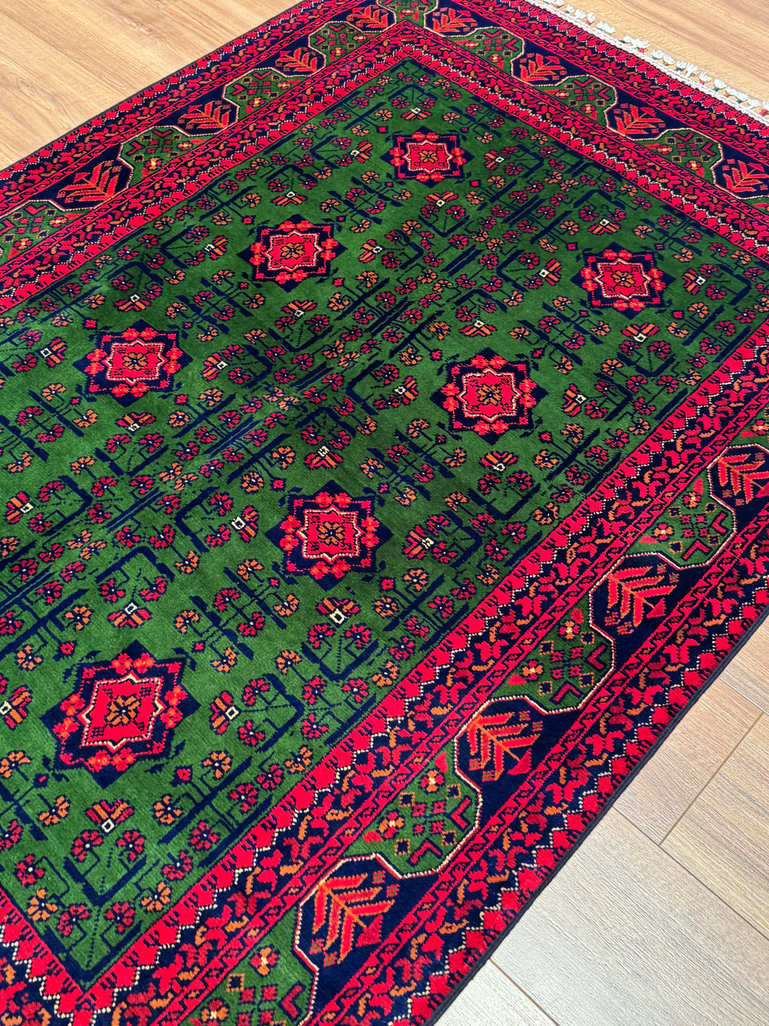 Afgan Halısı Yeşil Hamyap Orijinal El Dokuması Kök Boya Yün 122x180 2.20 Metrekare - 3x5 ft