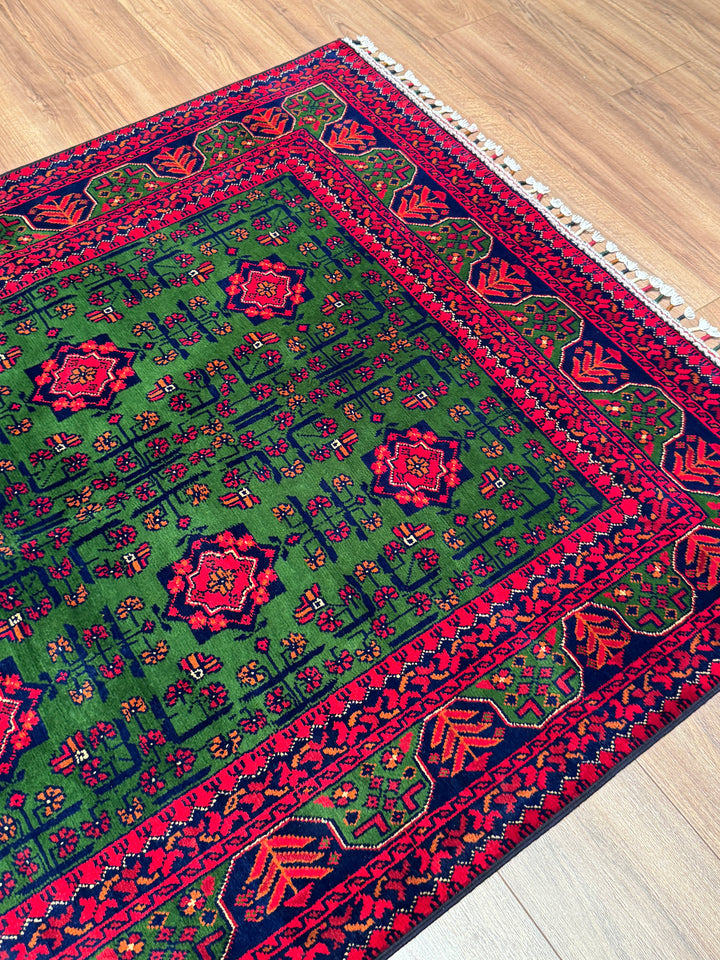 Afgan Halısı Yeşil Hamyap Orijinal El Dokuması Kök Boya Yün 122x180 2.20 Metrekare - 3x5 ft