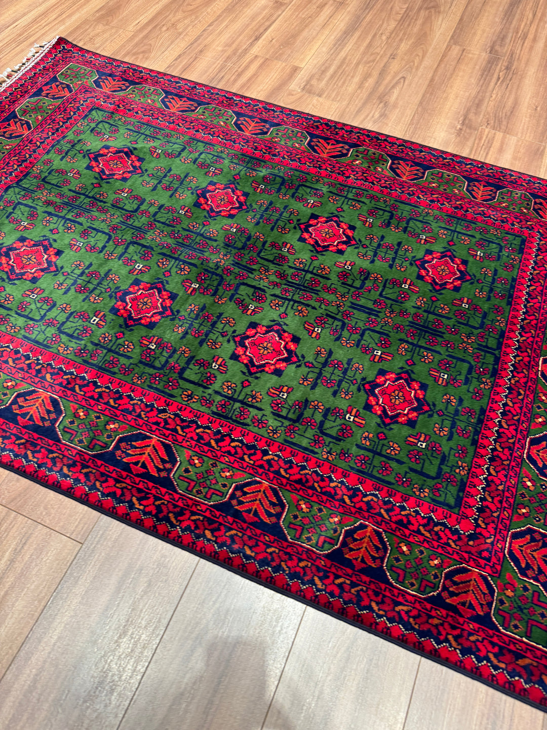 Afgan Halısı Yeşil Hamyap Orijinal El Dokuması Kök Boya Yün 122x180 2.20 Metrekare - 3x5 ft