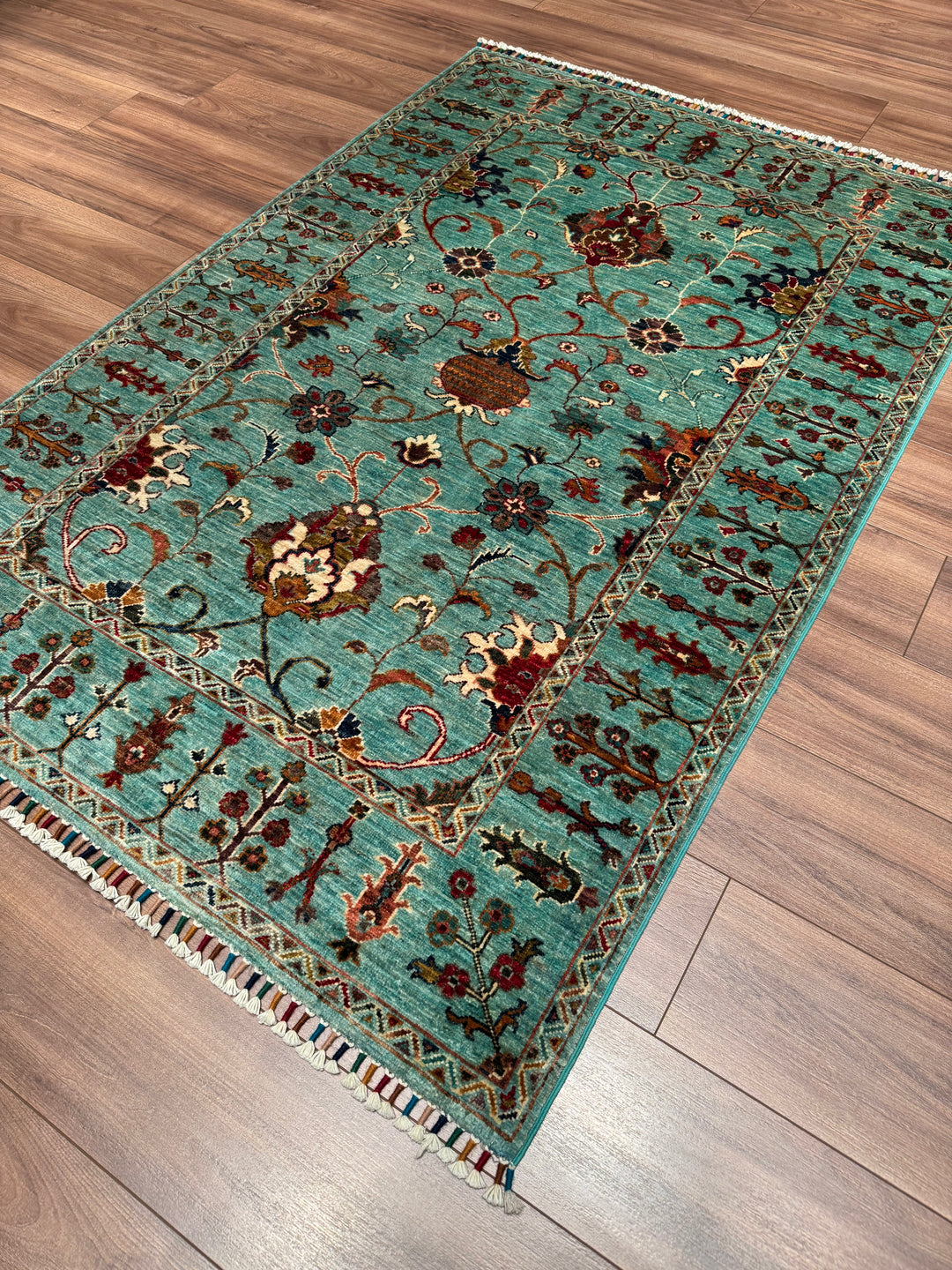 Sultani One Thousand and One Nights Original Handwoven Turquoise Root Dye Wool Rug 124x182 cm (2.26 square meters) - 4x6 ft 