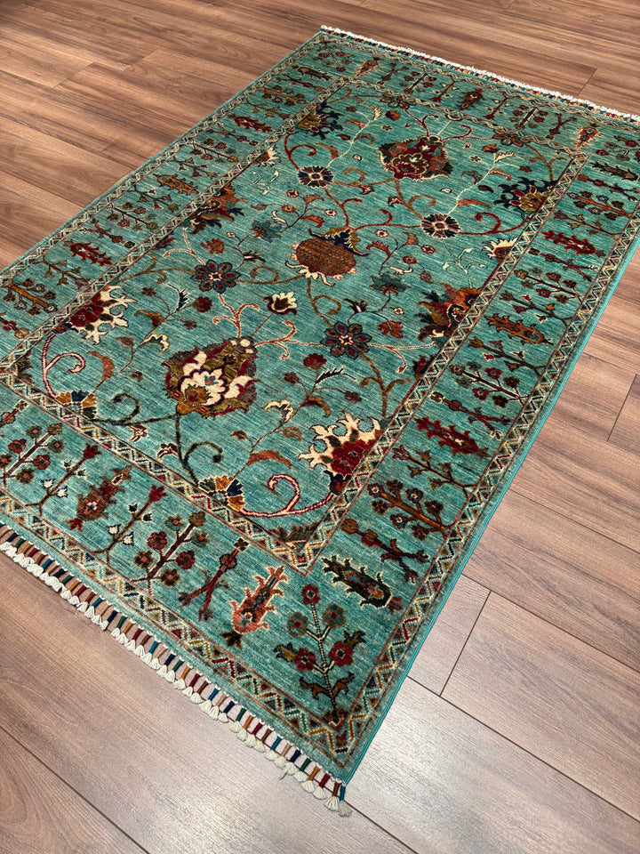 Sultani One Thousand and One Nights Original Handwoven Turquoise Root Dye Wool Rug 124x182 cm (2.26 square meters) - 4x6 ft 