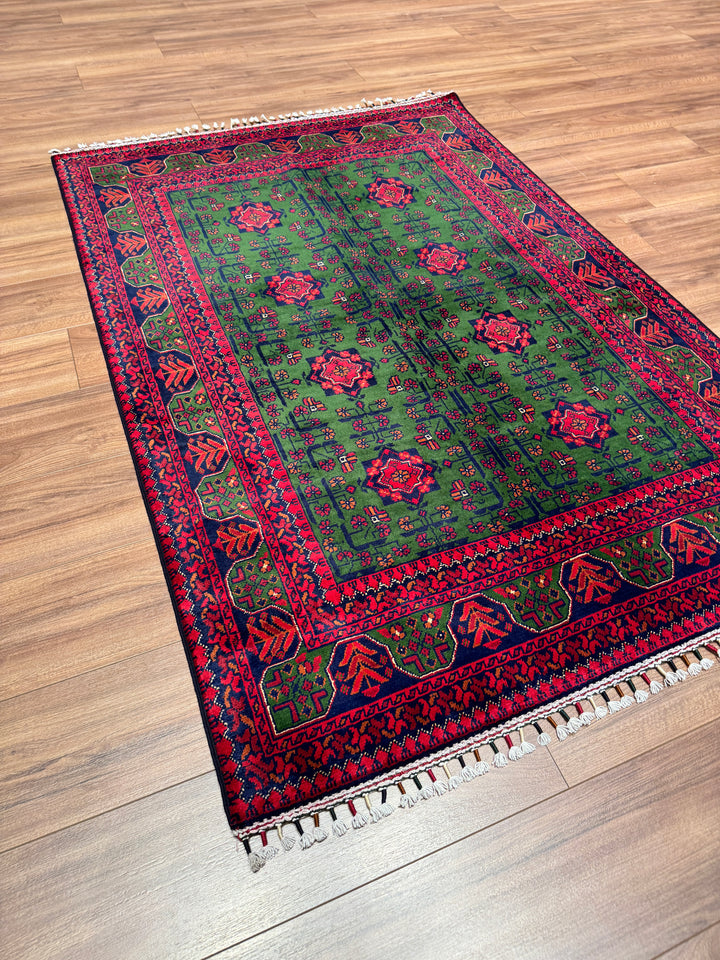Afgan Halısı Yeşil Hamyap Orijinal El Dokuması Kök Boya Yün 122x180 2.20 Metrekare - 3x5 ft