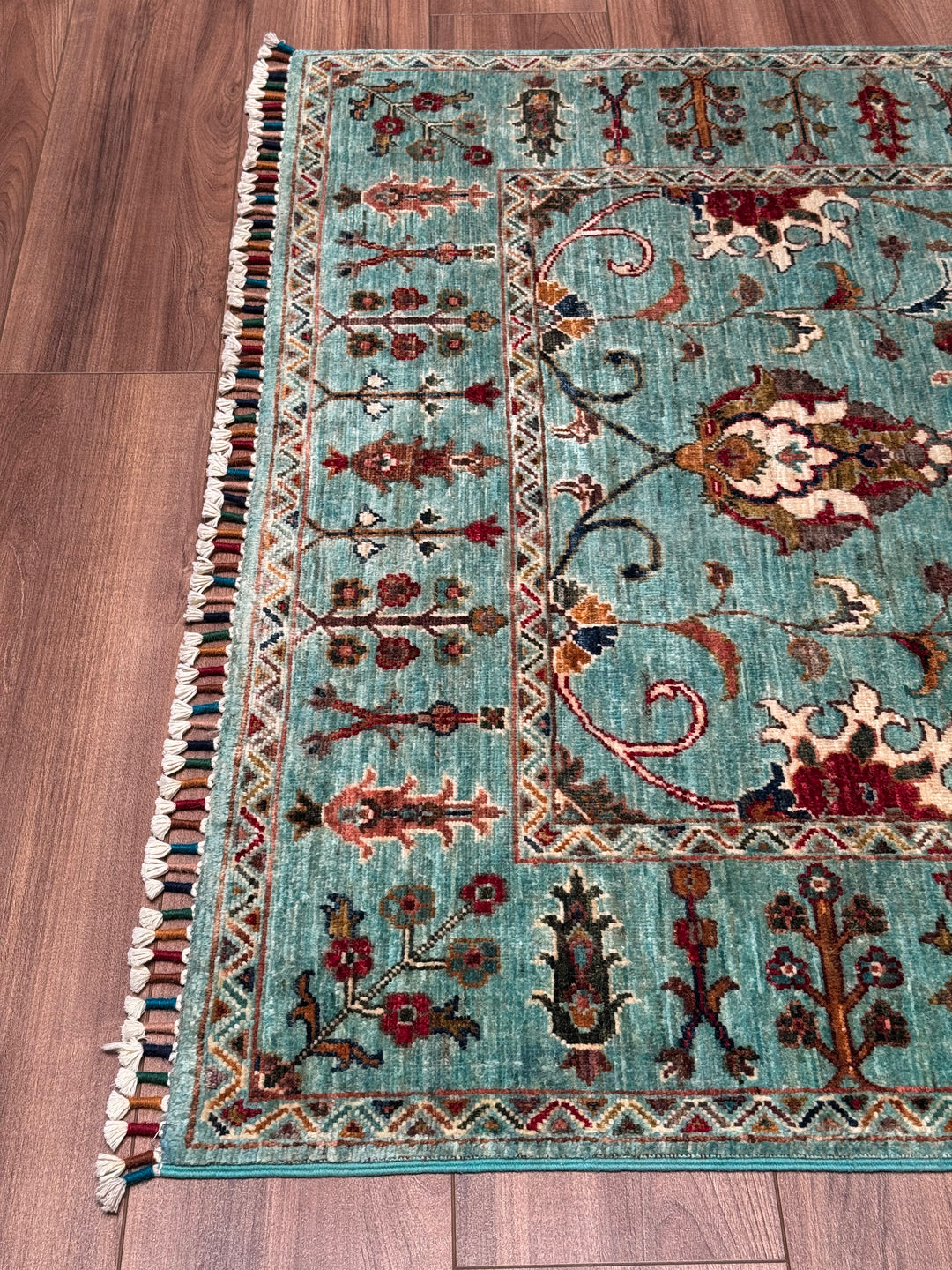 Sultani One Thousand and One Nights Original Handwoven Turquoise Root Dye Wool Rug 124x182 cm (2.26 square meters) - 4x6 ft 