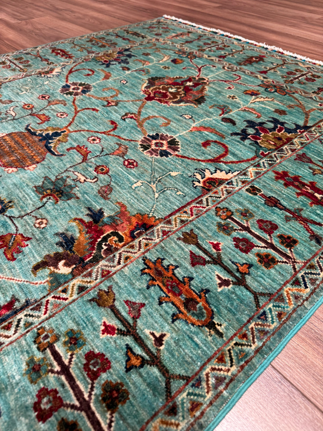 Sultani One Thousand and One Nights Original Handwoven Turquoise Root Dye Wool Rug 124x182 cm (2.26 square meters) - 4x6 ft 