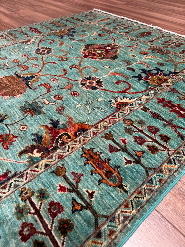 Sultani One Thousand and One Nights Original Handwoven Turquoise Root Dye Wool Rug 124x182 cm (2.26 square meters) - 4x6 ft 