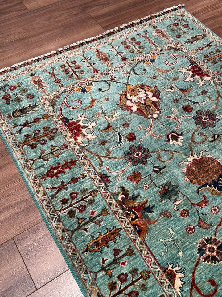 Sultani One Thousand and One Nights Original Handwoven Turquoise Root Dye Wool Rug 124x182 cm (2.26 square meters) - 4x6 ft 