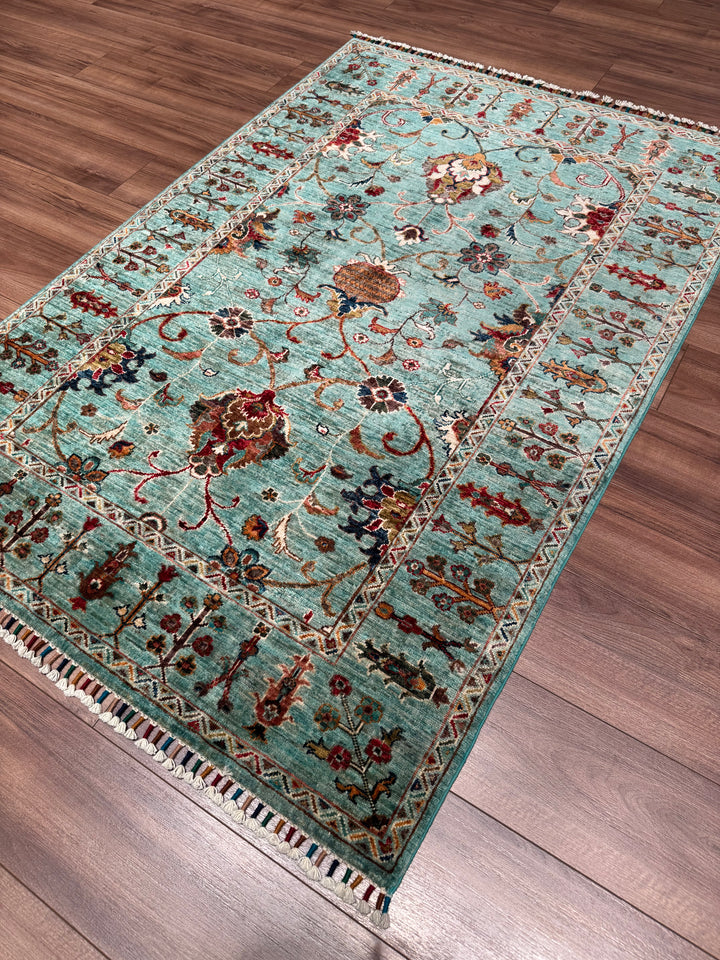 Sultani One Thousand and One Nights Original Handwoven Turquoise Root Dye Wool Rug 124x182 cm (2.26 square meters) - 4x6 ft 