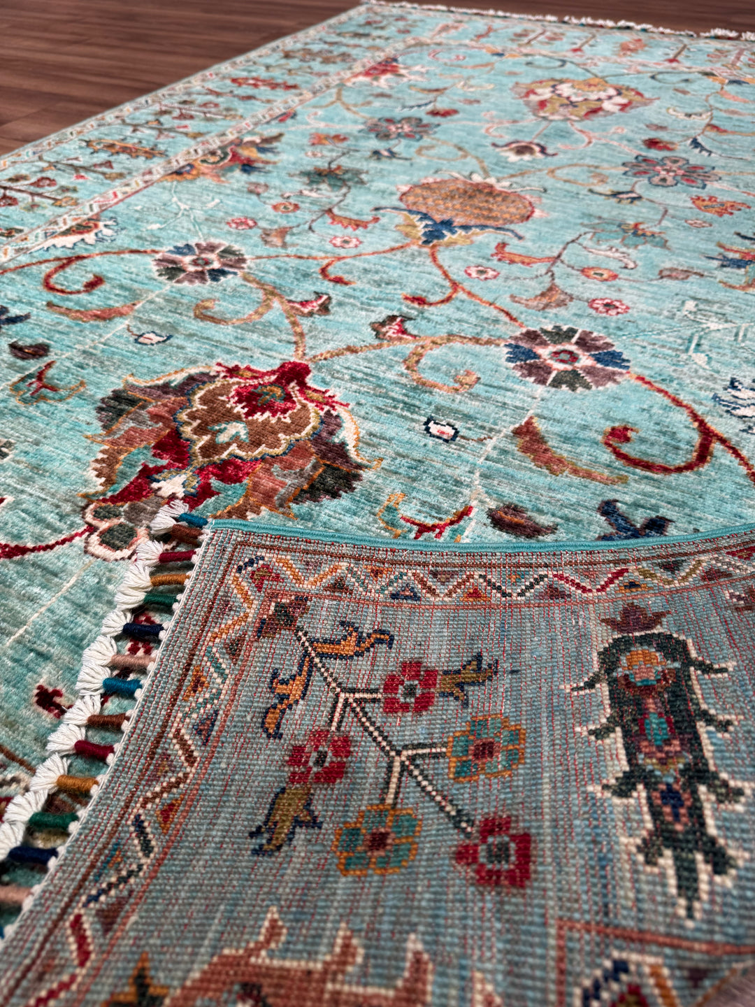 Sultani One Thousand and One Nights Original Handwoven Turquoise Root Dye Wool Rug 124x182 cm (2.26 square meters) - 4x6 ft 