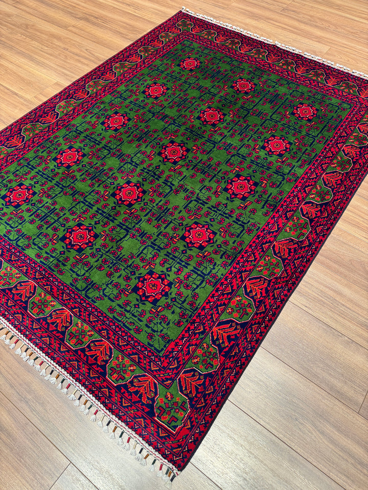 Afgan Halısı Yeşil Hamyap Orijinal El Dokuması Kök Boya Yün 147x198 2.91 Metrekare - 4x6 ft