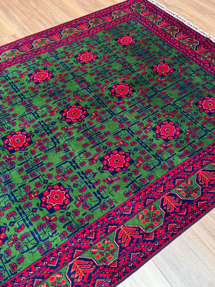Afgan Halısı Yeşil Hamyap Orijinal El Dokuması Kök Boya Yün 147x198 2.91 Metrekare - 4x6 ft