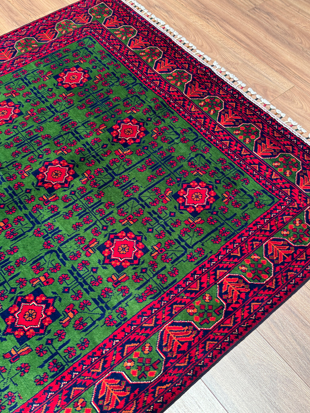 Afgan Halısı Yeşil Hamyap Orijinal El Dokuması Kök Boya Yün 147x198 2.91 Metrekare - 4x6 ft