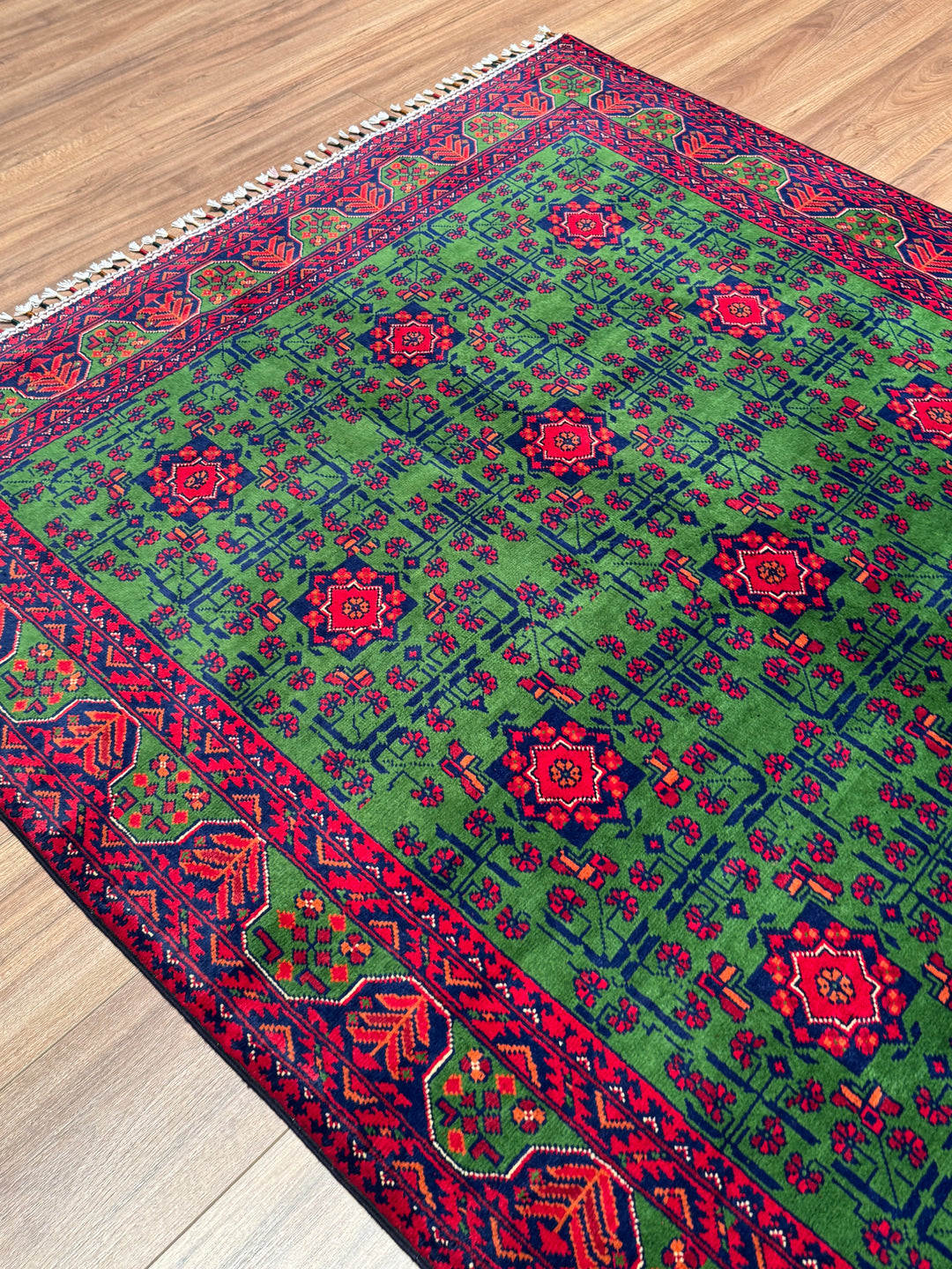 Afgan Halısı Yeşil Hamyap Orijinal El Dokuması Kök Boya Yün 147x198 2.91 Metrekare - 4x6 ft