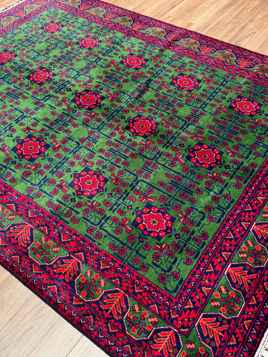 Afgan Halısı Yeşil Hamyap Orijinal El Dokuması Kök Boya Yün 147x198 2.91 Metrekare - 4x6 ft