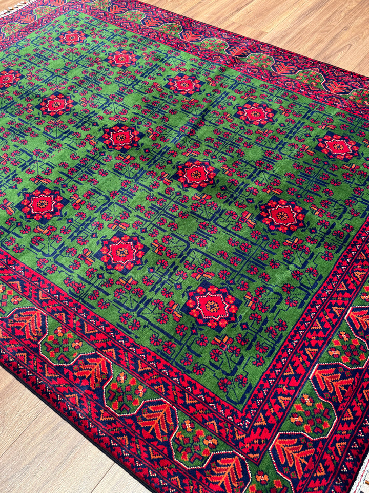 Afgan Halısı Yeşil Hamyap Orijinal El Dokuması Kök Boya Yün 147x198 2.91 Metrekare - 4x6 ft