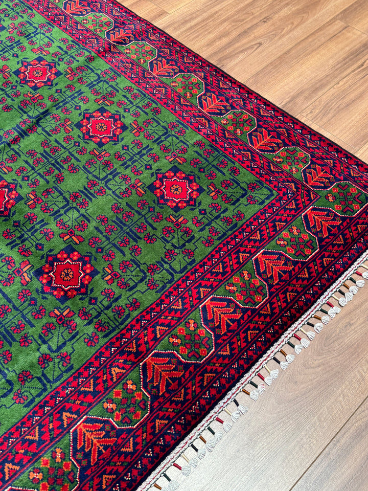 Afgan Halısı Yeşil Hamyap Orijinal El Dokuması Kök Boya Yün 147x198 2.91 Metrekare - 4x6 ft