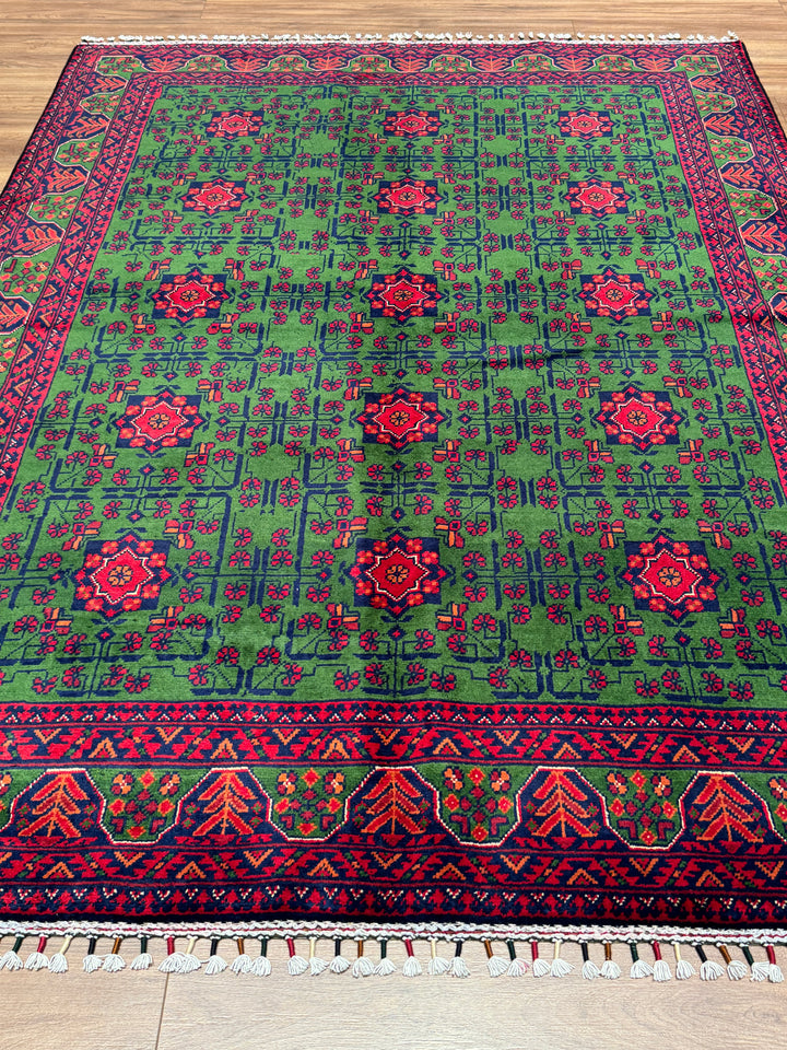 Afgan Halısı Yeşil Hamyap Orijinal El Dokuması Kök Boya Yün 147x198 2.91 Metrekare - 4x6 ft