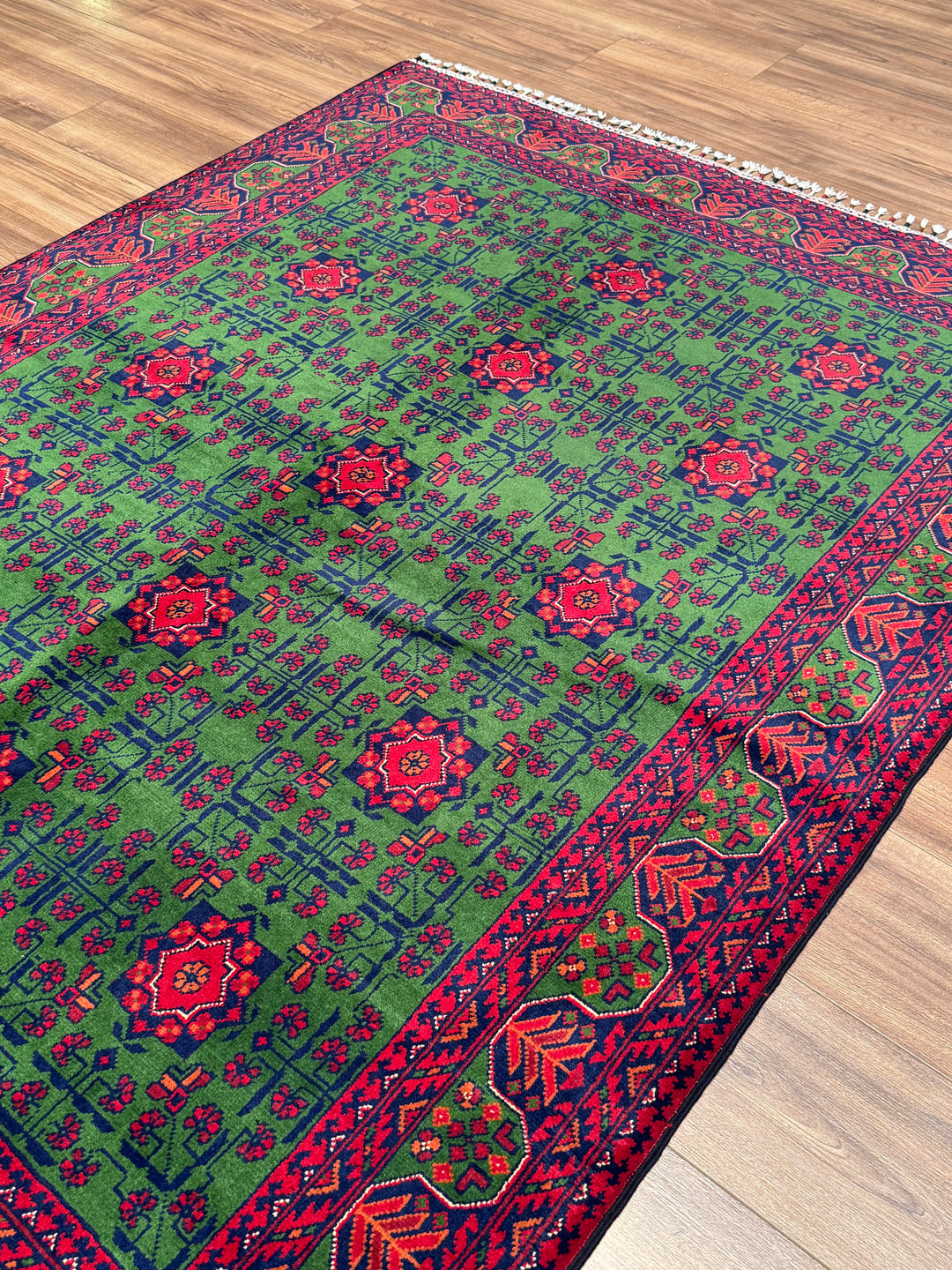Afgan Halısı Yeşil Hamyap Orijinal El Dokuması Kök Boya Yün 147x198 2.91 Metrekare - 4x6 ft