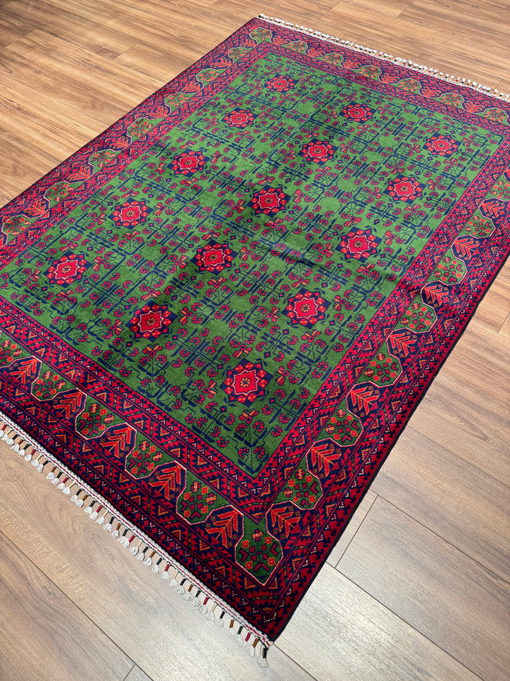 Afgan Halısı Yeşil Hamyap Orijinal El Dokuması Kök Boya Yün 147x198 2.91 Metrekare - 4x6 ft