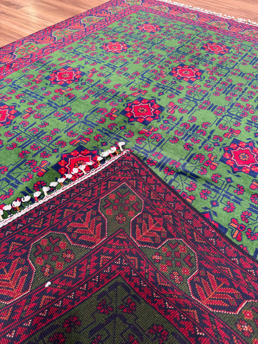 Afgan Halısı Yeşil Hamyap Orijinal El Dokuması Kök Boya Yün 147x198 2.91 Metrekare - 4x6 ft
