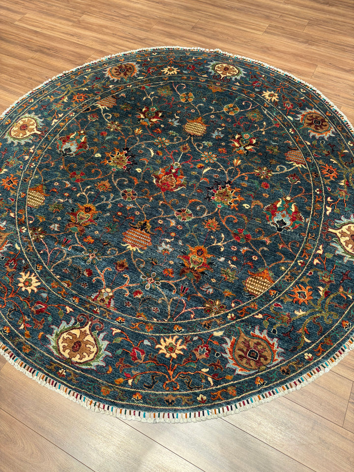 Sultani One Thousand and One Nights Round Original Handwoven Blue Root Dye Wool Rug 248x249 cm (6.18 square meters) - 8x8 ft 
