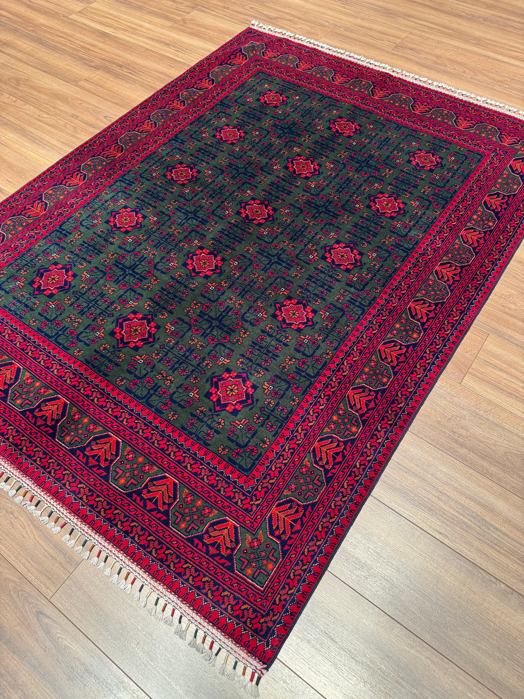 Afgan Halısı Yeşil Hamyap Orijinal El Dokuması Kök Boya Yün 148x198 2.93 Metrekare - 4x6 ft