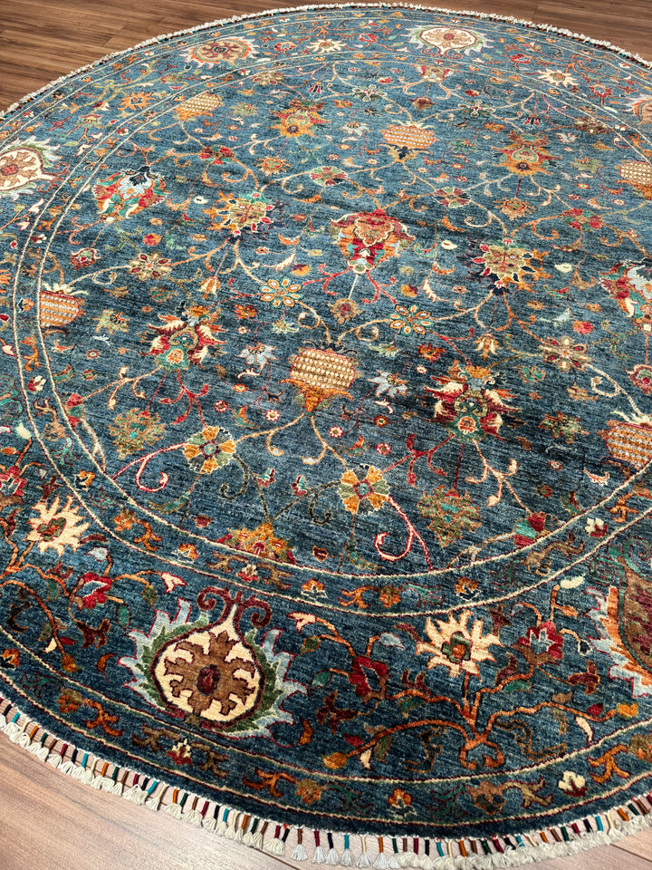 Sultani One Thousand and One Nights Round Original Handwoven Blue Root Dye Wool Rug 248x249 cm (6.18 square meters) - 8x8 ft 