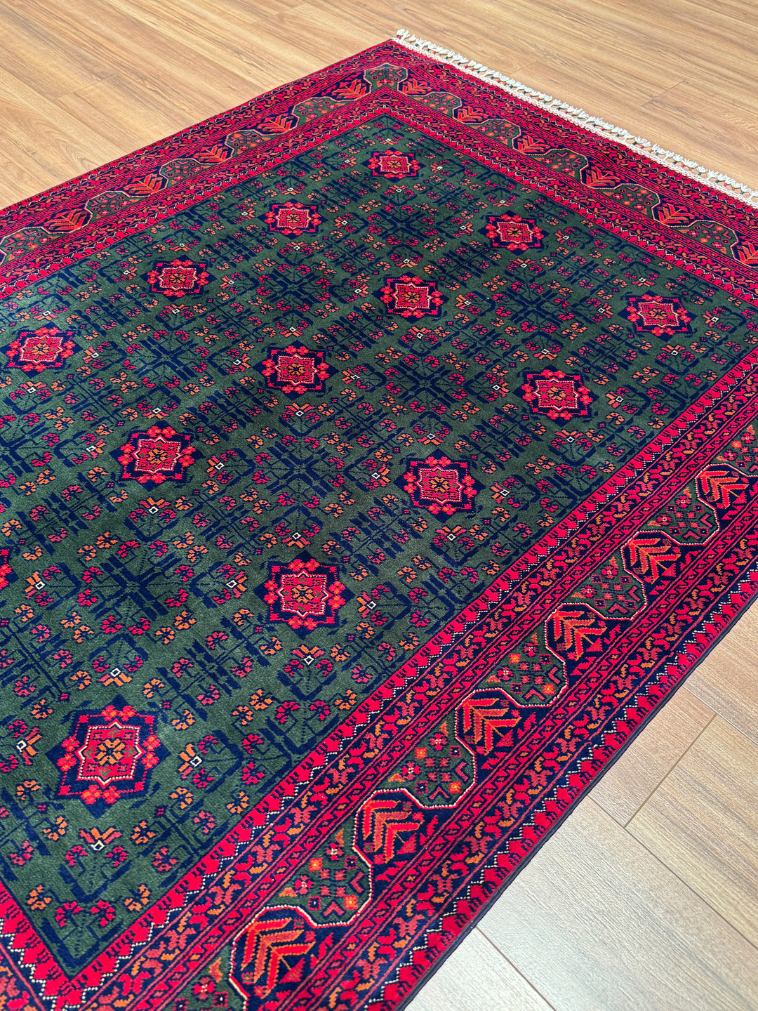 Afgan Halısı Yeşil Hamyap Orijinal El Dokuması Kök Boya Yün 148x198 2.93 Metrekare - 4x6 ft