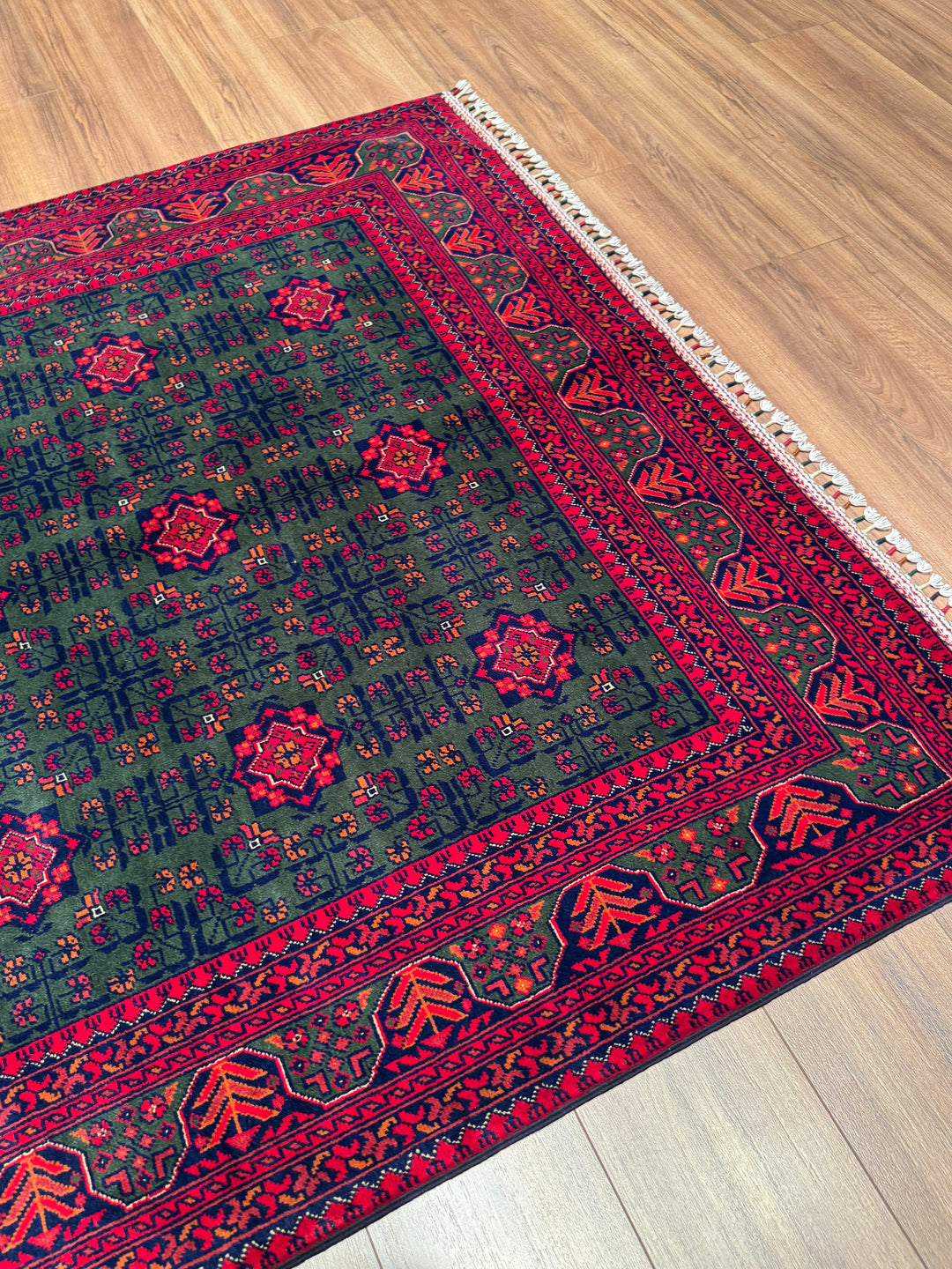 Afgan Halısı Yeşil Hamyap Orijinal El Dokuması Kök Boya Yün 148x198 2.93 Metrekare - 4x6 ft