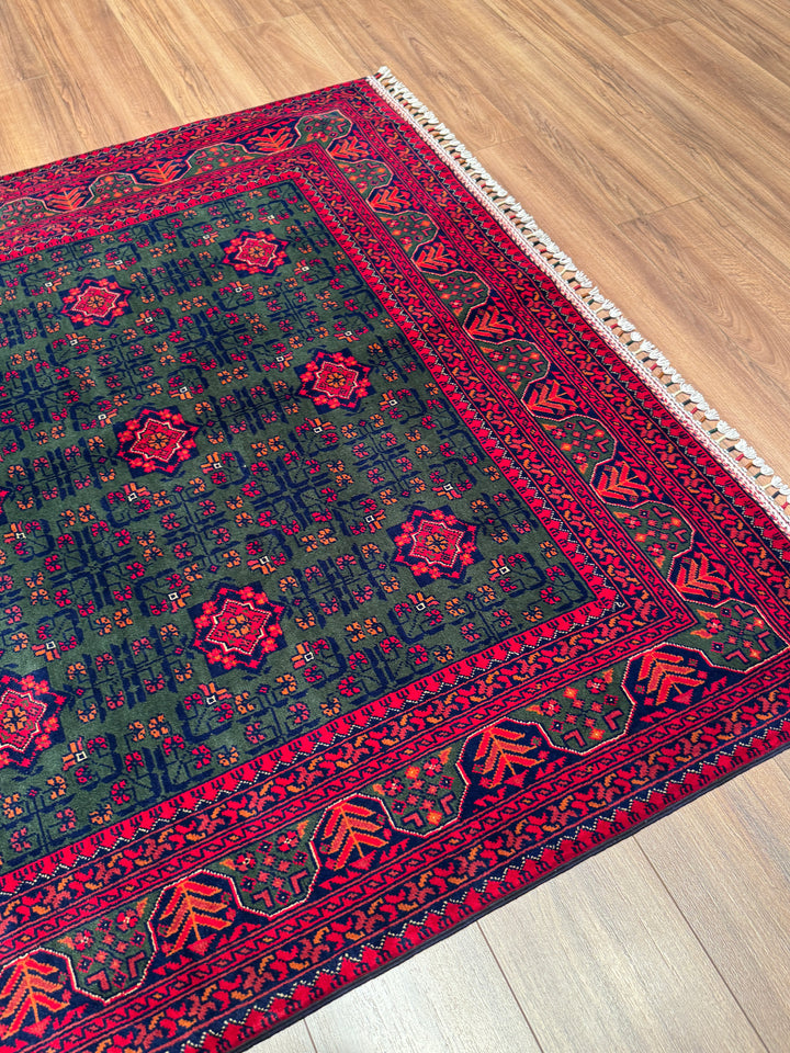 Afgan Halısı Yeşil Hamyap Orijinal El Dokuması Kök Boya Yün 148x198 2.93 Metrekare - 4x6 ft