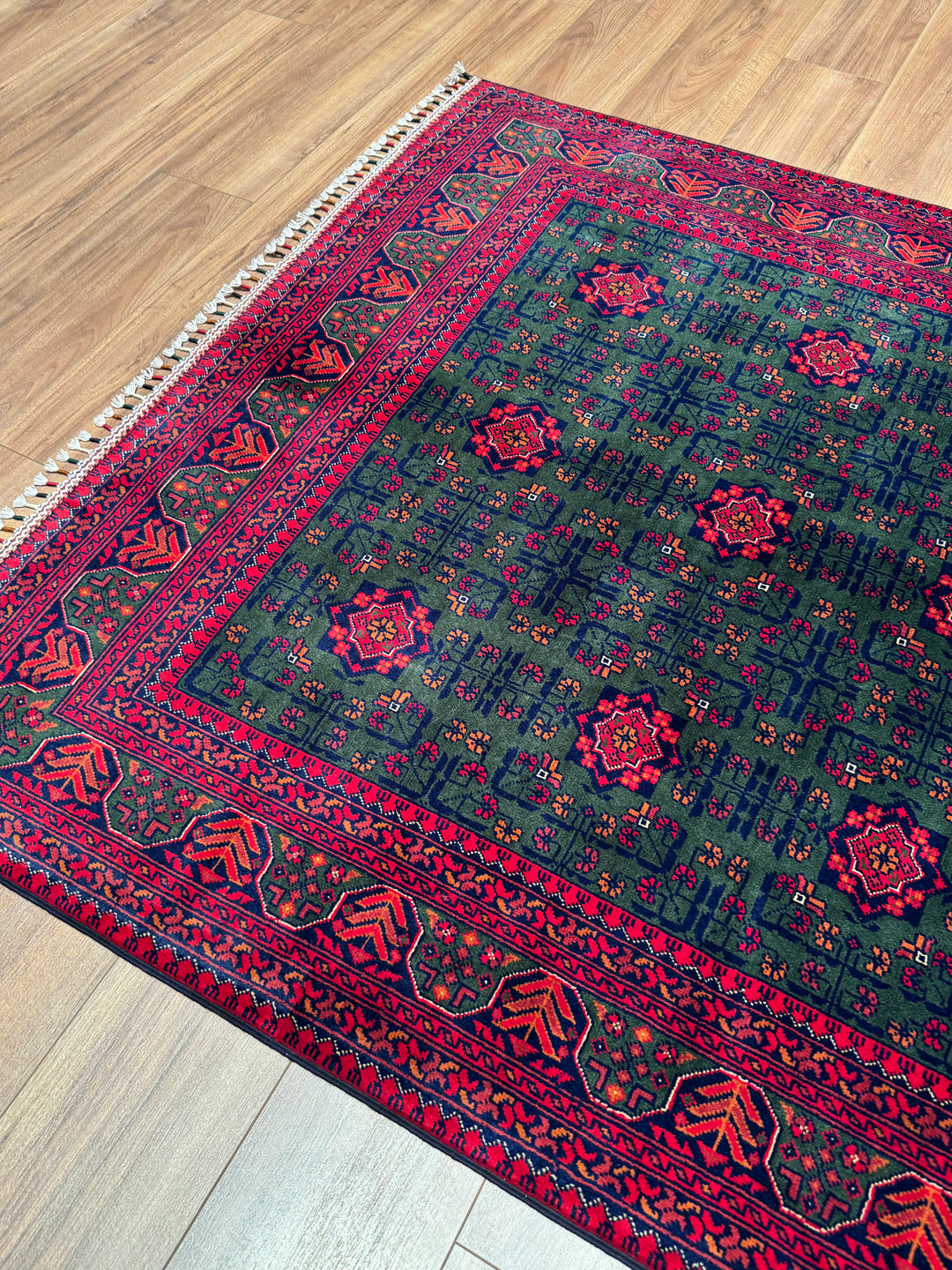 Afgan Halısı Yeşil Hamyap Orijinal El Dokuması Kök Boya Yün 148x198 2.93 Metrekare - 4x6 ft